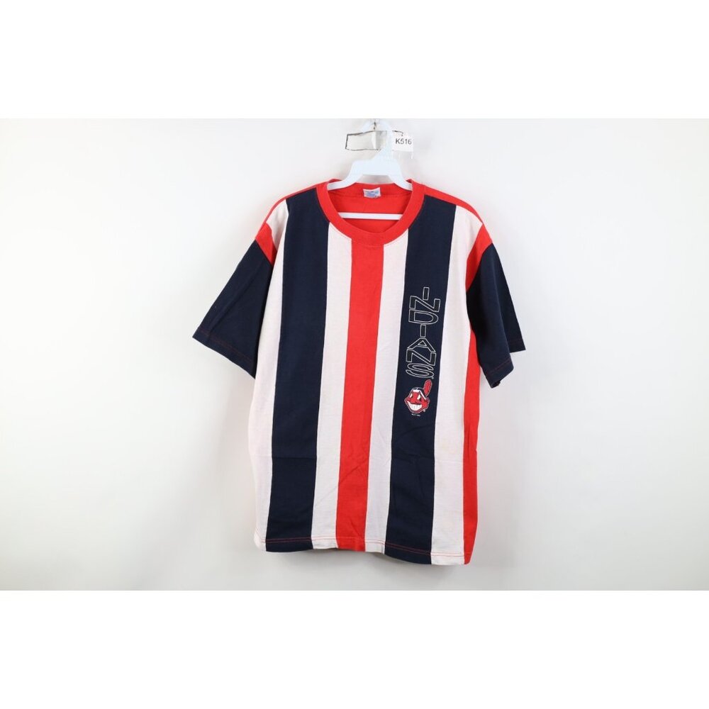 Vtg 90s Mens Medium Chief Wahoo Cleveland Indians Baseball Striped T-Shirt USA